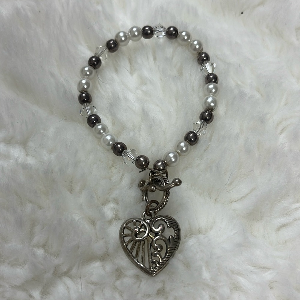 Iridescent, Silver, And White Beaded Bracelet With Silver Heart